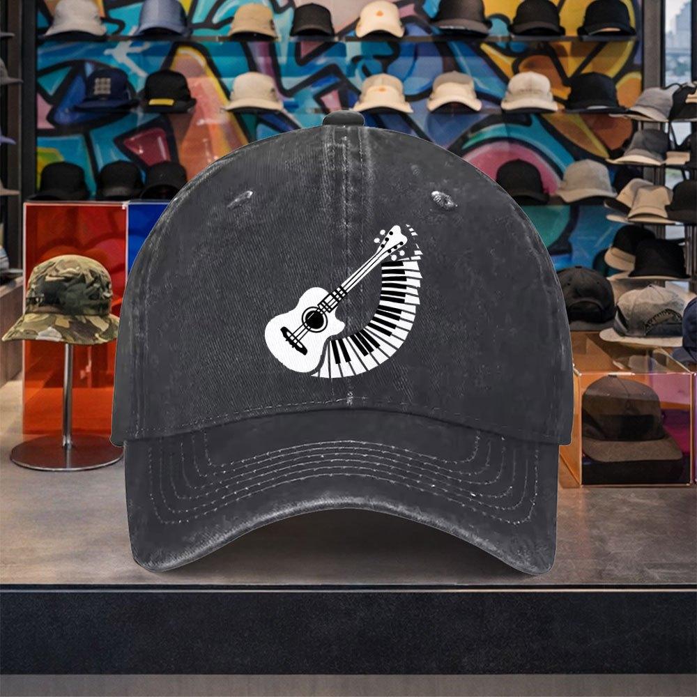 Guitar Piano Blend Musician Baseball Cap Washed Denim Adjustable Vintage Cap for Unisex Outdoor Casual