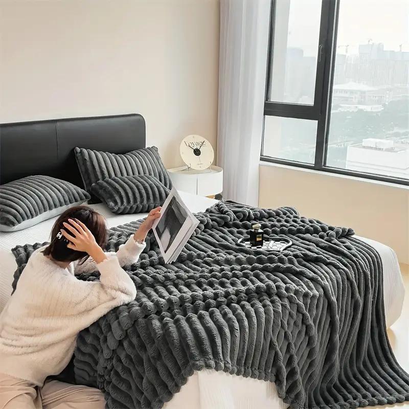 Simplicity Solid Color Thick Wide Strip Multifunctional Blanket Autumn Winter Flannel Bedroom Warm Blanket Leisure Time Blanket