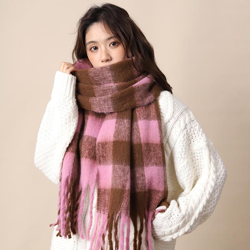 Plaid Large Scarf Women's Winter Warm Windproof Thickened Mohair Fringed Velvet Scarf Versatile Shawl Men