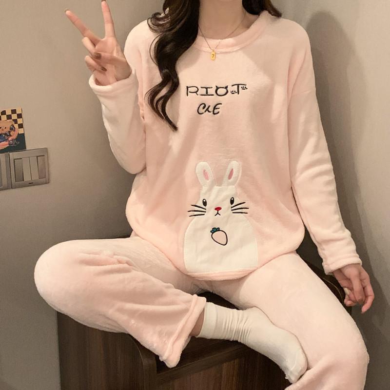 Thickened Warm Sleepwear for Winter Flannel O-Neck School Homewear Set Ladies Pajamas Long Sleeves Cartoon Cat Pineapple