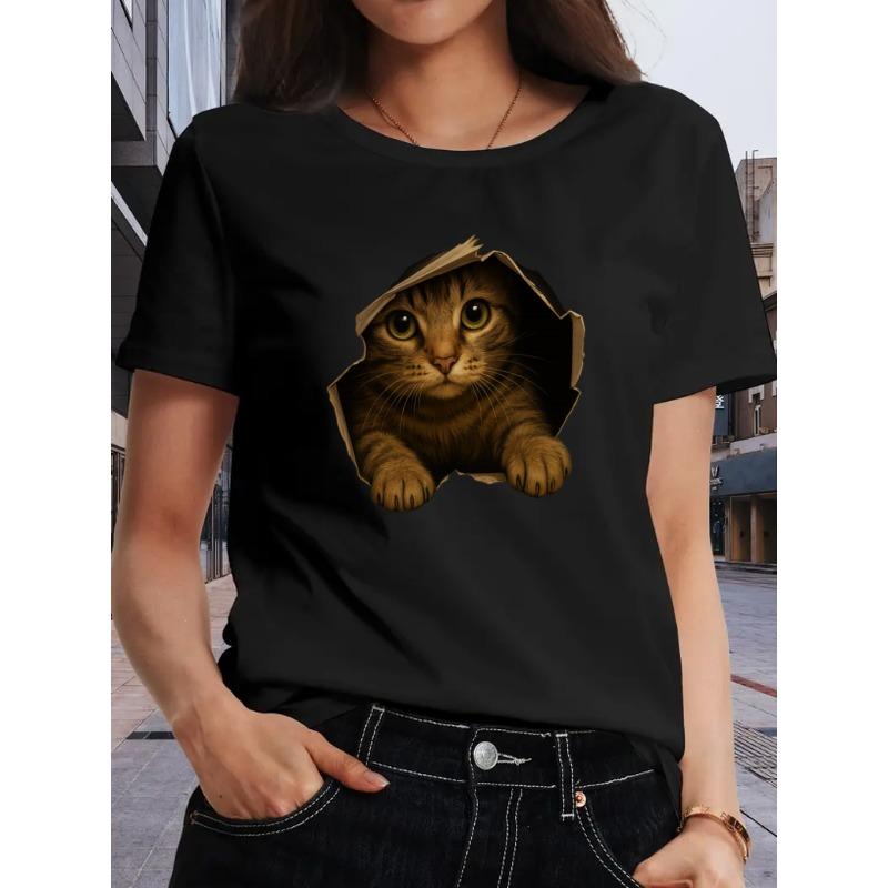 

Women Cute Cat Peek-A-Boo Graphic T-Shirt Round Neck Short Sleeve All-Season Casual Machine-Washable Playful Top 4XL чорний