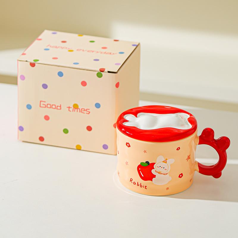 Little Rabbit Cartoon Lid Ceramic Cup Girls High Temperature Resistant Mug Cute Creative Water Cup Office Small Gift Cup