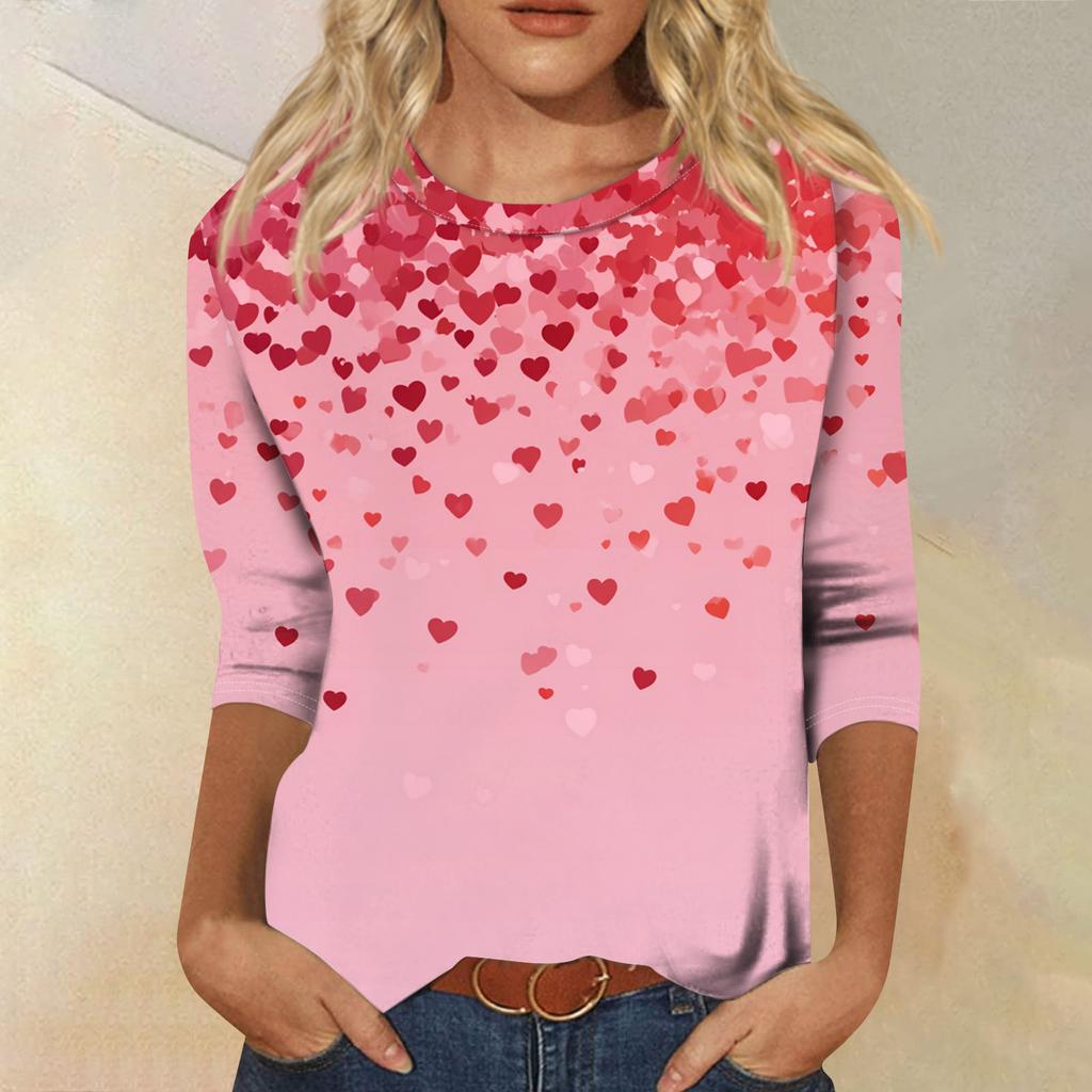 Damen Modisches Lässiges Dreiviertelarm Valentinstag-Druck Rundhals Pullover-Oberteil