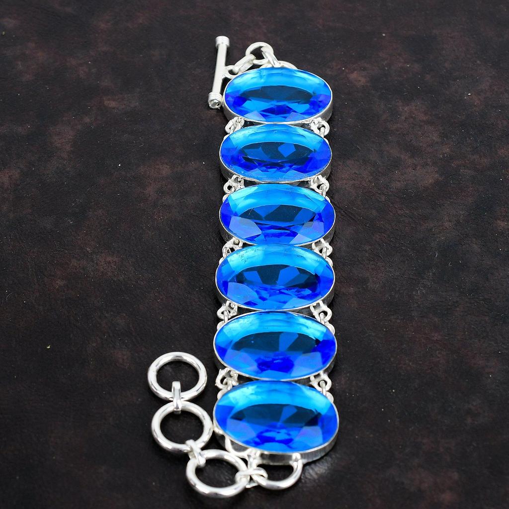 Faceted london blue topaz bracelet handmade gemstone bracelet 925 sterling silver bracelet adjustable chain bracelet silver jewelry for gift