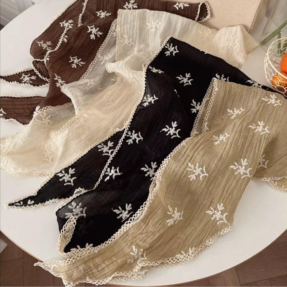 French Lace Triangle Scarf Embroidered Floral Design Women's Headscarf Hairband Sweet Summer Headwear Spring Shawl for Women