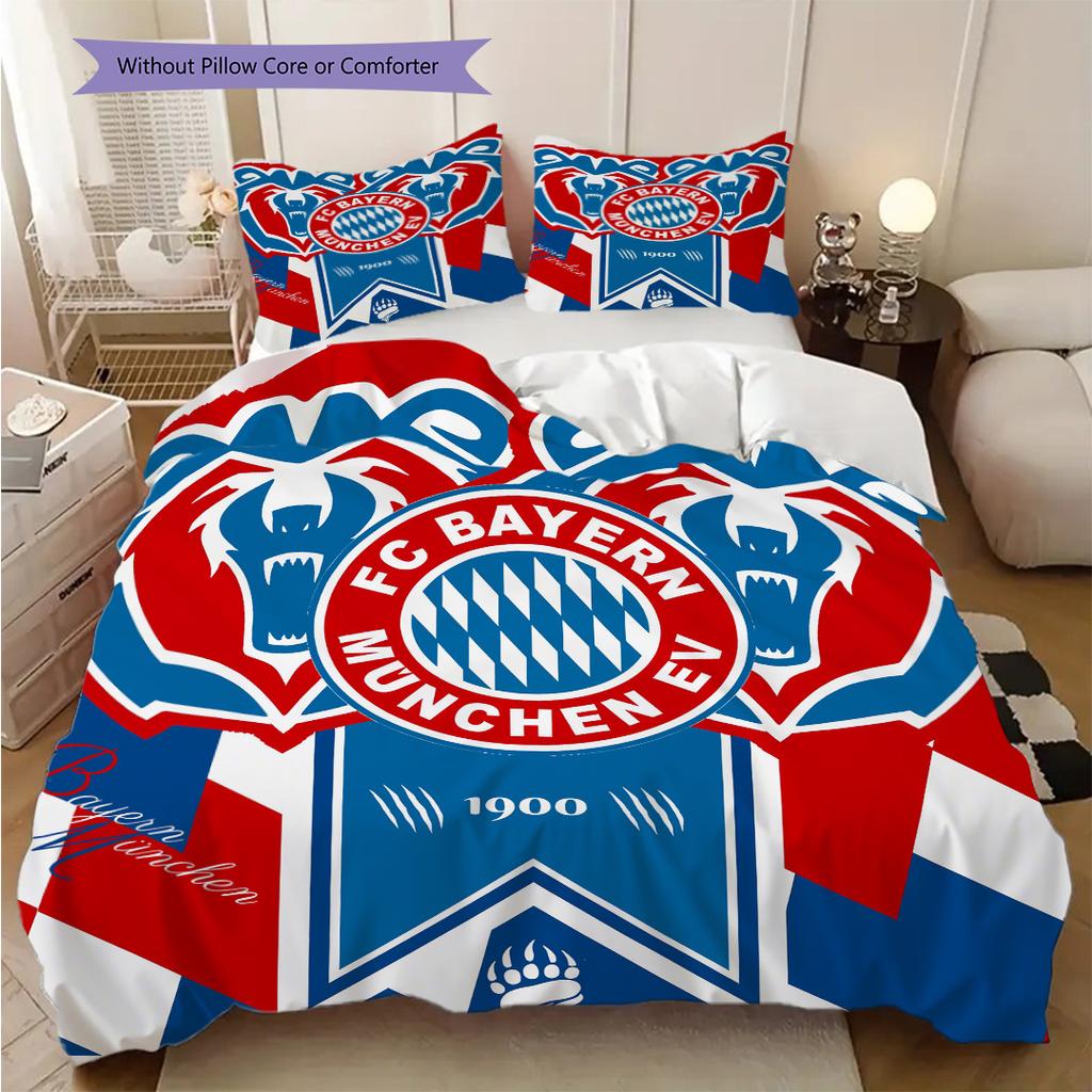 FC Bayern München Muster Bettwäsche Steppdecke Set Bettbezug Kissenbezug Heimdekoration Geburtstagsgeschenk (1 Bettbezug + 2 Kissenbezüge, ohne Füllung)