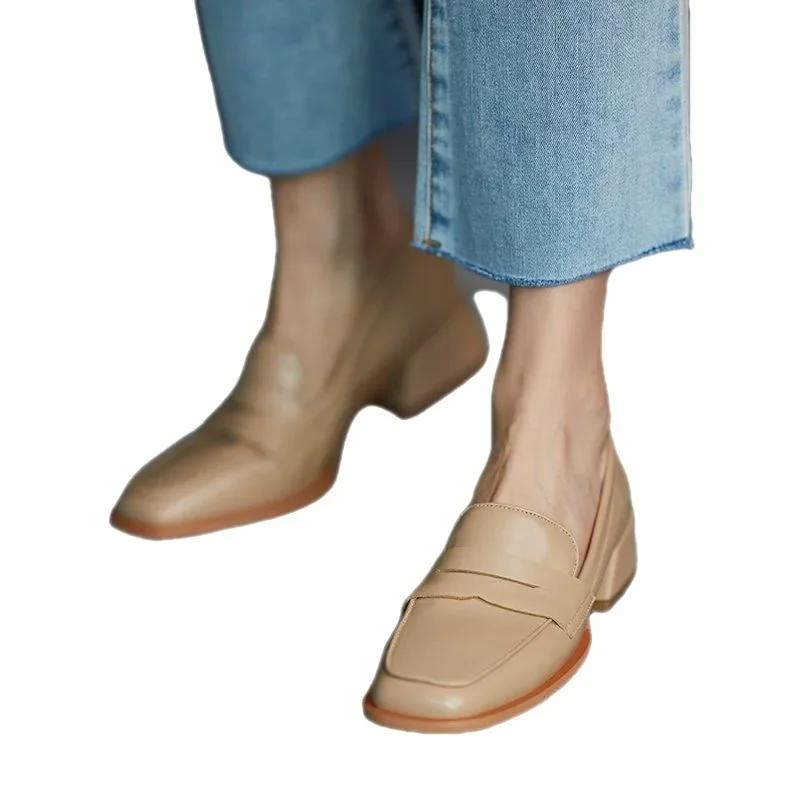 Schuhe für Damen mit niedrigem Absatz, elegante Damen-Sommerschuhe, schwarze Halbschuhe, normales Leder, lässig, quadratische Zehenpartie mit Rabatt, Chic2024