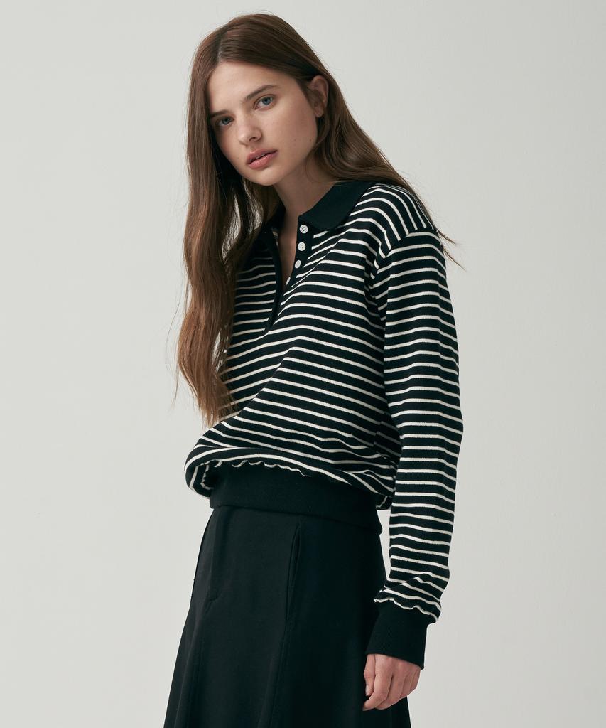 MOTT Button Collar Striped Sweatshirt - Black