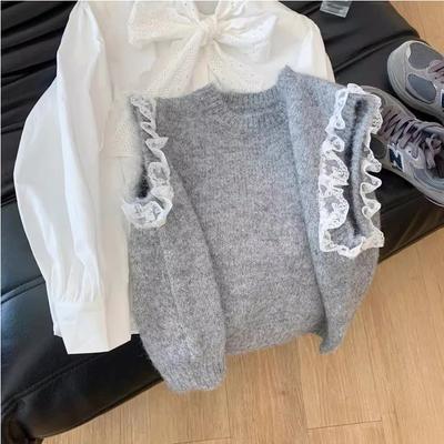 Womens Vintage Lace Trim Sleeveless Knit Vest Korean Style Loose Fit Layering Top