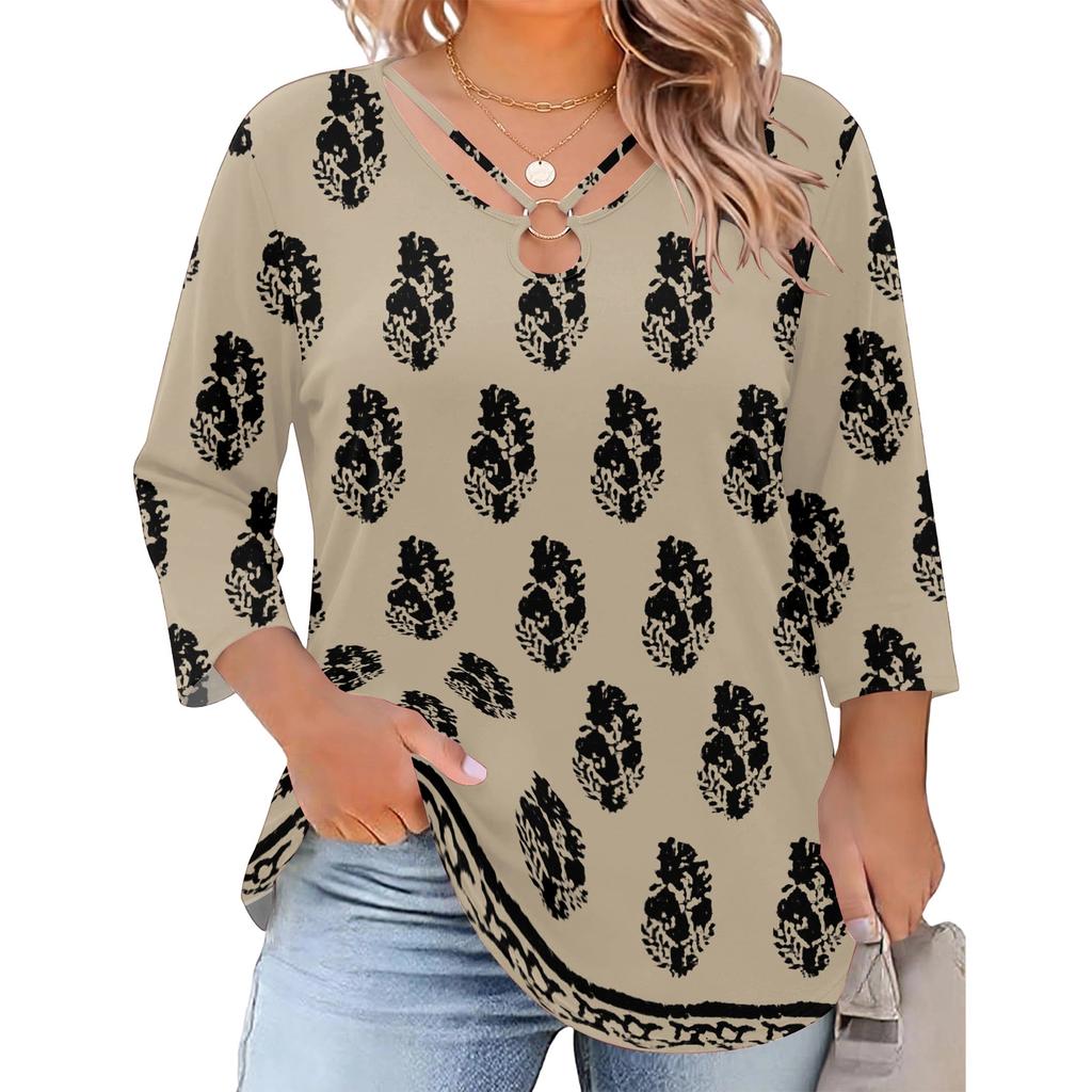 Blusa Floral Feminina Plus Size com Manga Três Quartos, Blusa Casual, Túnica de Corte Amplo para Primavera Verão, Uso Diário, Trabalho e Saídas