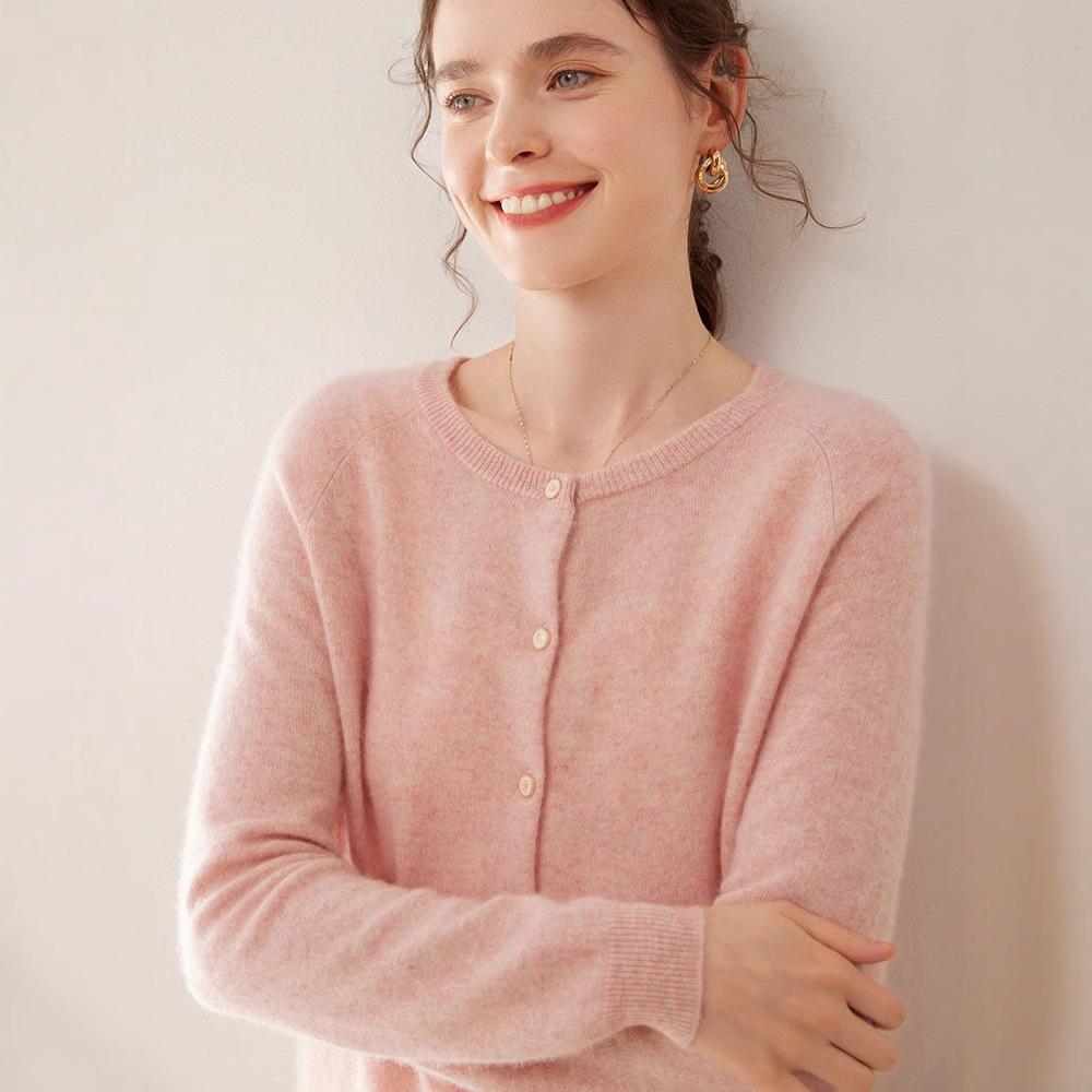 Damen Kaschmir Raglanärmel Cardigan - Dünn, Rundhalsausschnitt, Einfarbig, Lockere Passform für Herbst und Winter