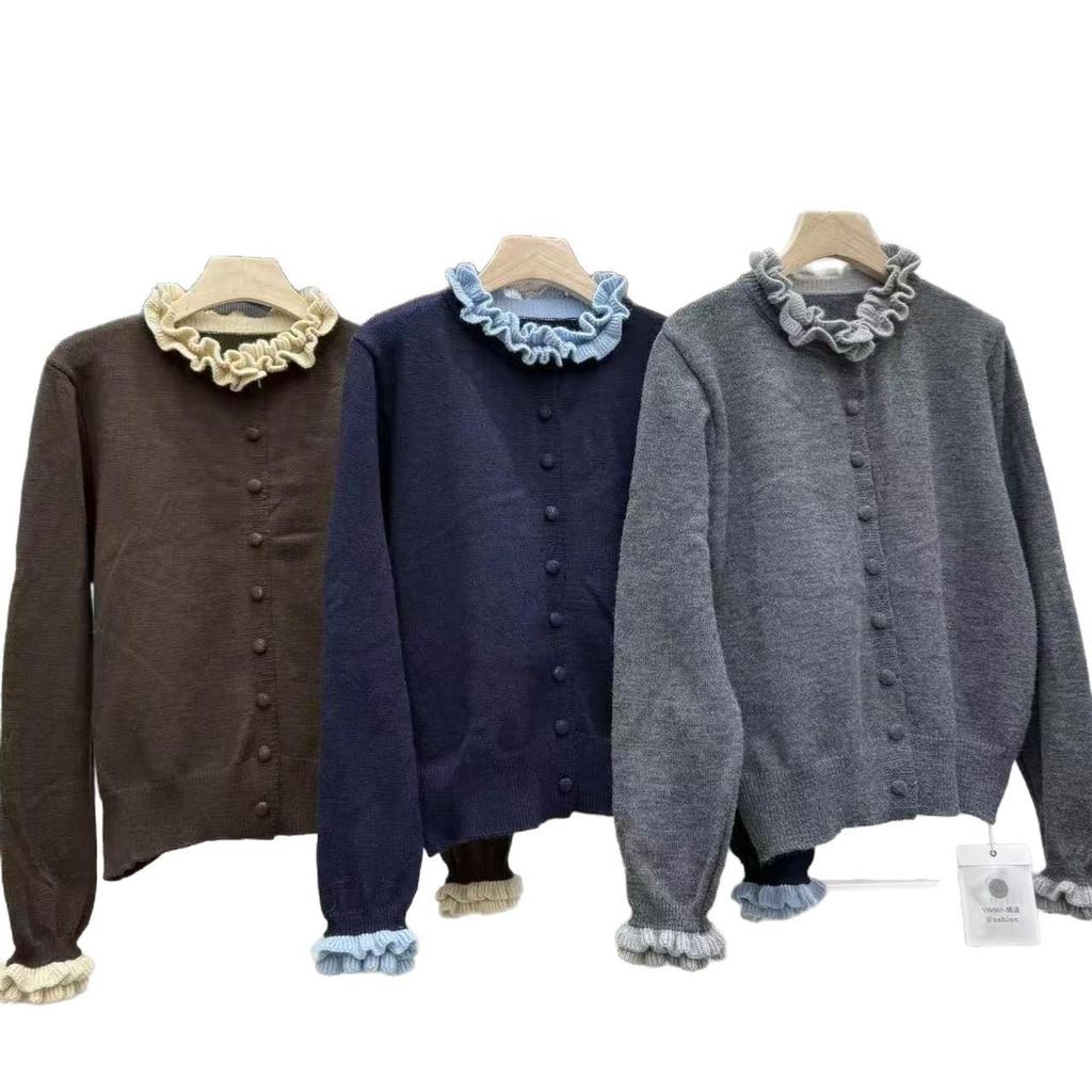 Chic Color Block Lace Round Neck Sweater Cardigan - Women's Slim Fit Top for 2025 Autumn/Winter.