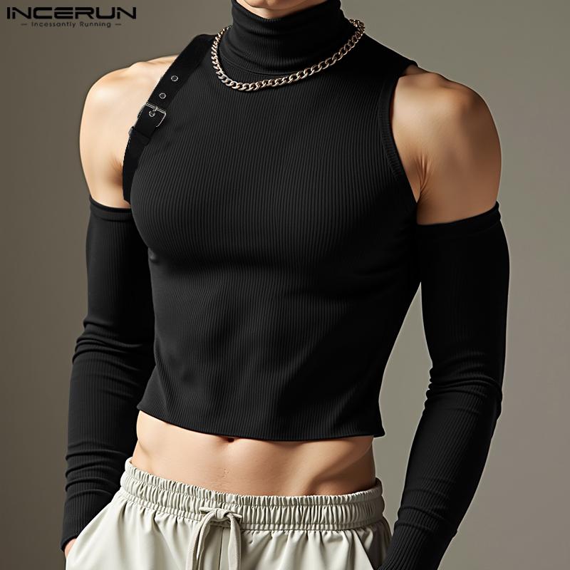 INCERUN Men Turtleneck Sleeveless Rib Casual Fitted Crop Tank Tops with Oversleeve