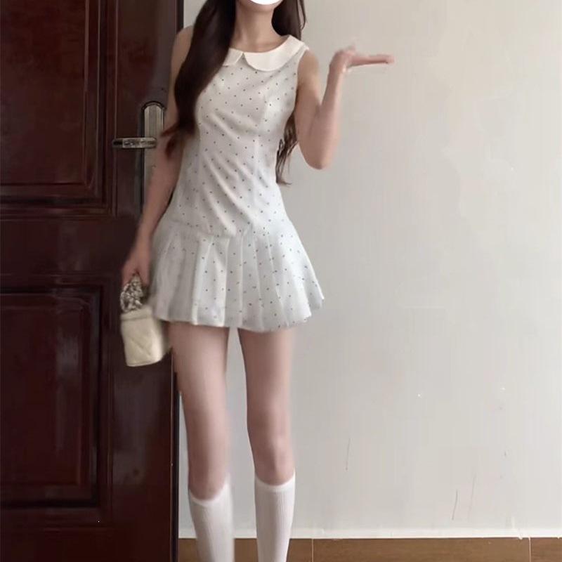 Spring and summer sweet wind white polka dot doll collar dress women's summer new sleeveless design women's A-word short skirt