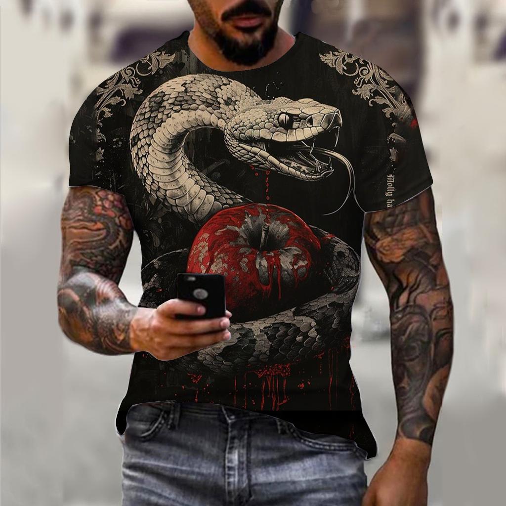 3D Printing 2025 New Year Snake Year Fierce Men's Casual Short Sleeve T-shirt Comfortable Breathable Retro Printed Short Sleeve