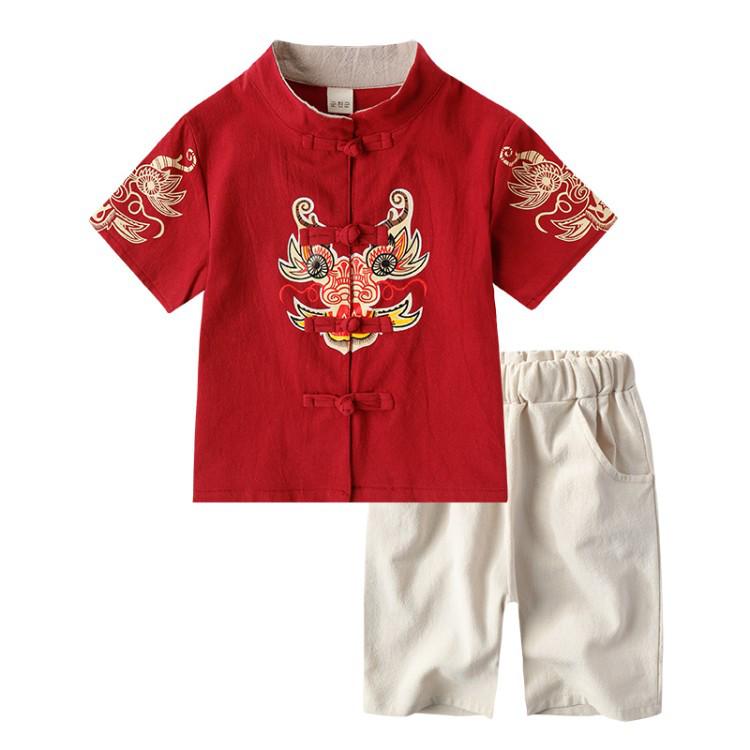 Kids Cotton Linen Hanfu Set: Short Sleeve & Shorts, Tang Suit Ancient Costume for Boys & Girls - Two-Piece Performance Outfit 90cm