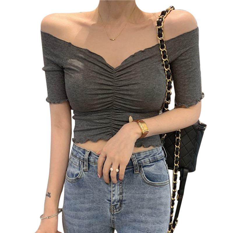 Women's Top Ruched V Neck Solid Short Sleeve Knitted Slim Crop Tops T-Shirt