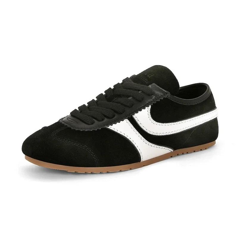 Fashion Genuine Leather Lace Up Women's Sneaker Faux Suede Patchwork Trainers Light Comfortable Flats Breathable Non-slip Running Shoes