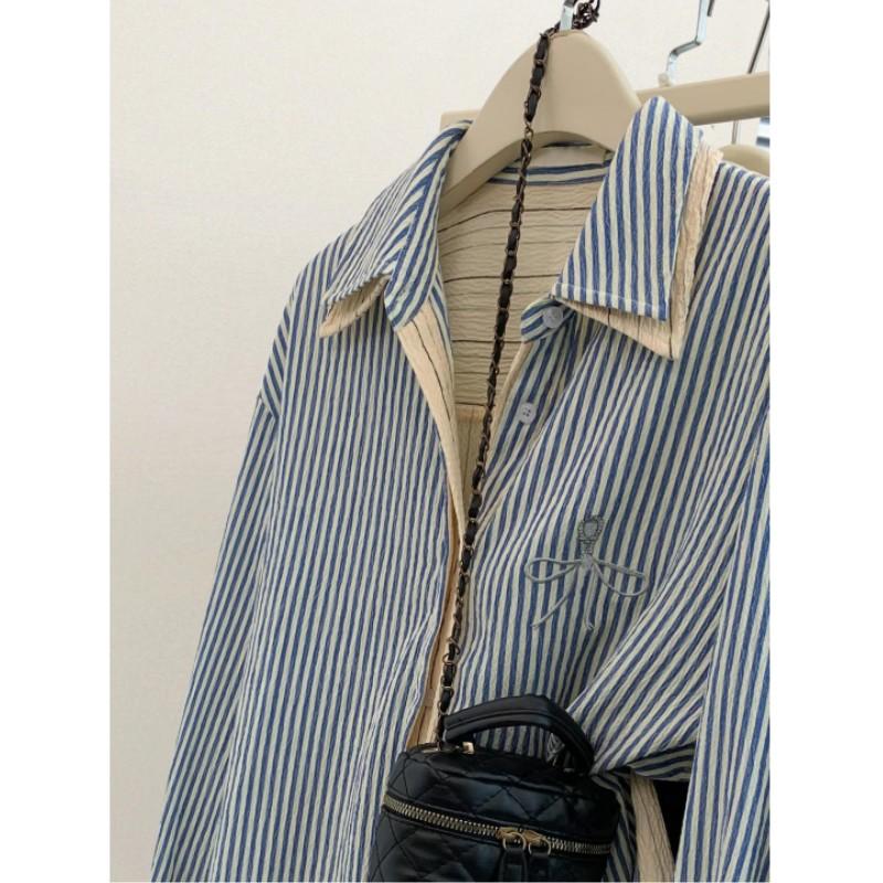 Women Spring Autumn Long Sleeve Patchwork Loose Casual Blouse Double Layered Lapel Striped Shirts