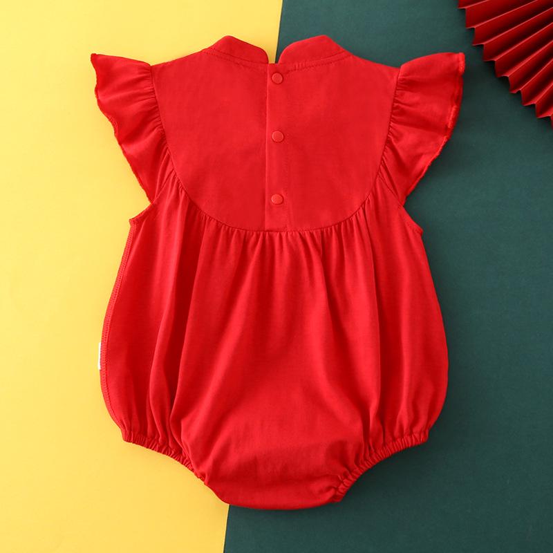 Röd Kortärmad Babyflicka Sommar Romper Onesie - Första Födelsedagsoutfit, 100-dagarsfirande - Stil 5391