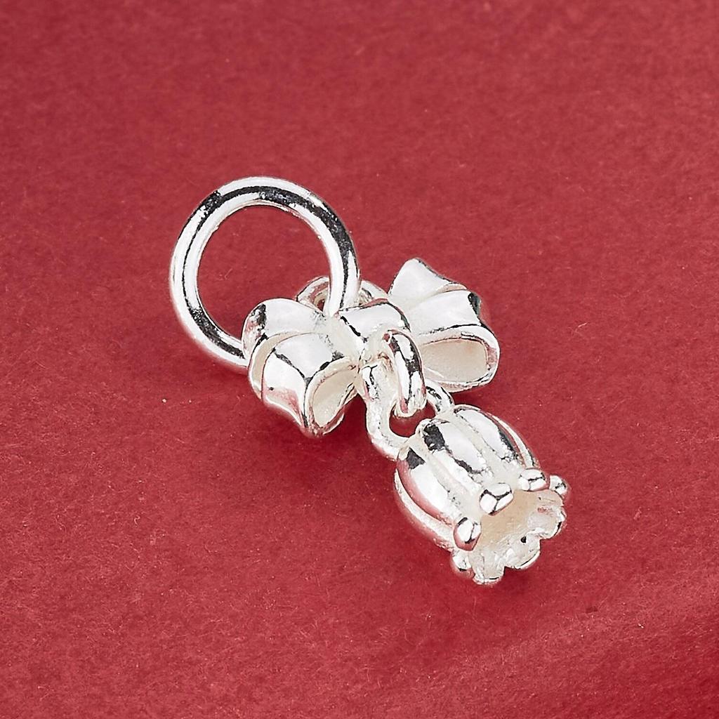 S925 Sterling Silver Tulip Bow Pendant with Small Flower Tassel Charm for DIY Beaded Bracelets