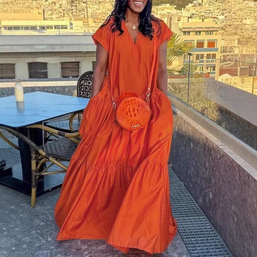 Women's V Neck Short Sleeve Maxi Dress Oversized Loose Waist Ruffle Tiered Big Swing Long Dress With Side Pockets For Spring Summer Street Vacation