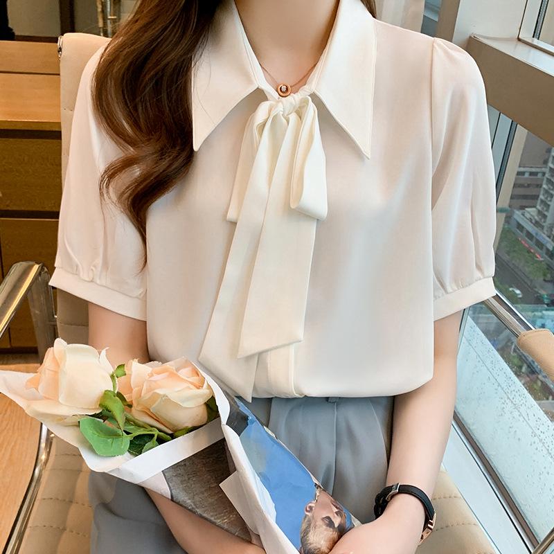 

2025 Summer Petite White Chiffon Blouse with Short Sleeves, Korean Ribbon Style Small білий