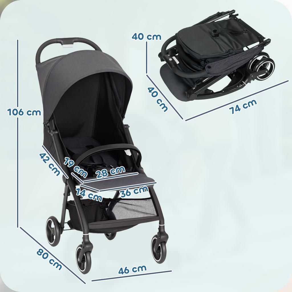 Faltbarer Kinderwagen, Verstellbare Rückenlehne, Fußstütze, Verdeck, Einkaufskorb, Gurtsystem, 15 kg, Dunkelgrau
