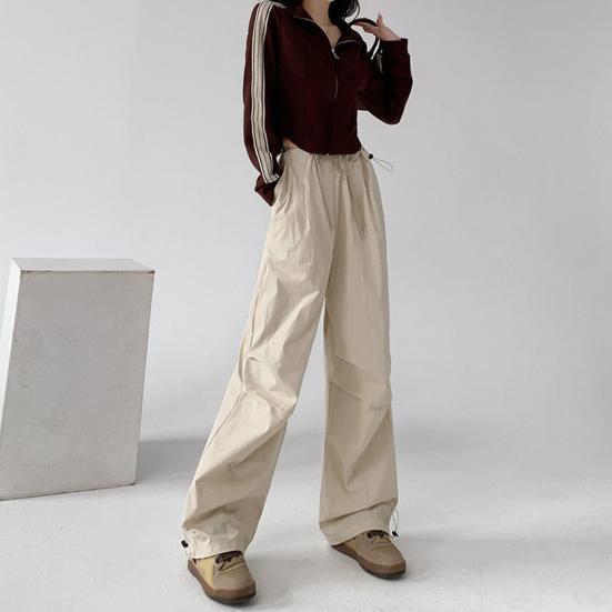 Women Cargo Pants Elastic High Waist Adjustable Drawstring Long Trousers Solid