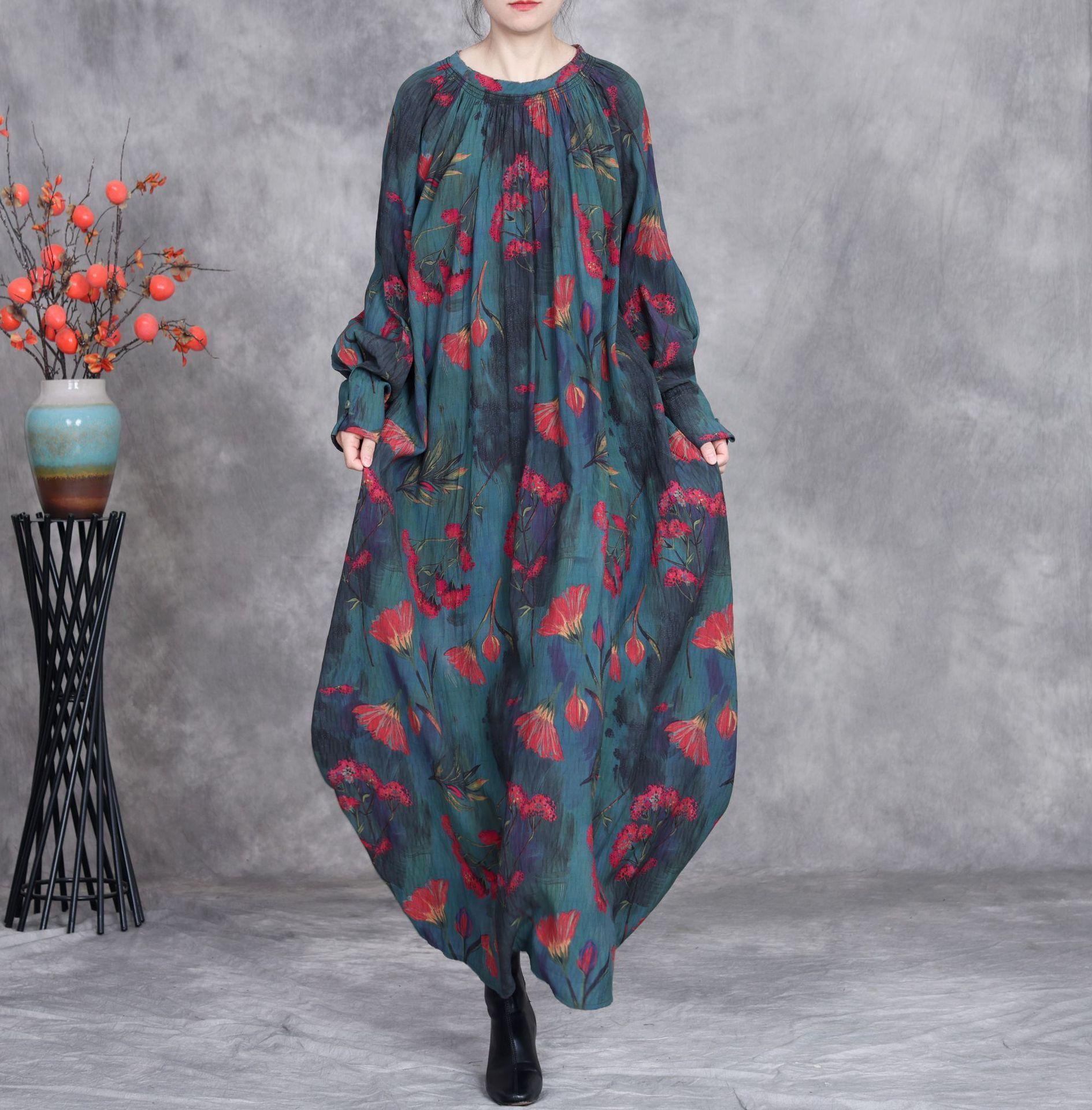 

Johnature Весенние платья А-силуэта Женские зеленые цветочные О-образные вырезы с длинными рукавами Винтажные свободные высококачественные женские платья One Size