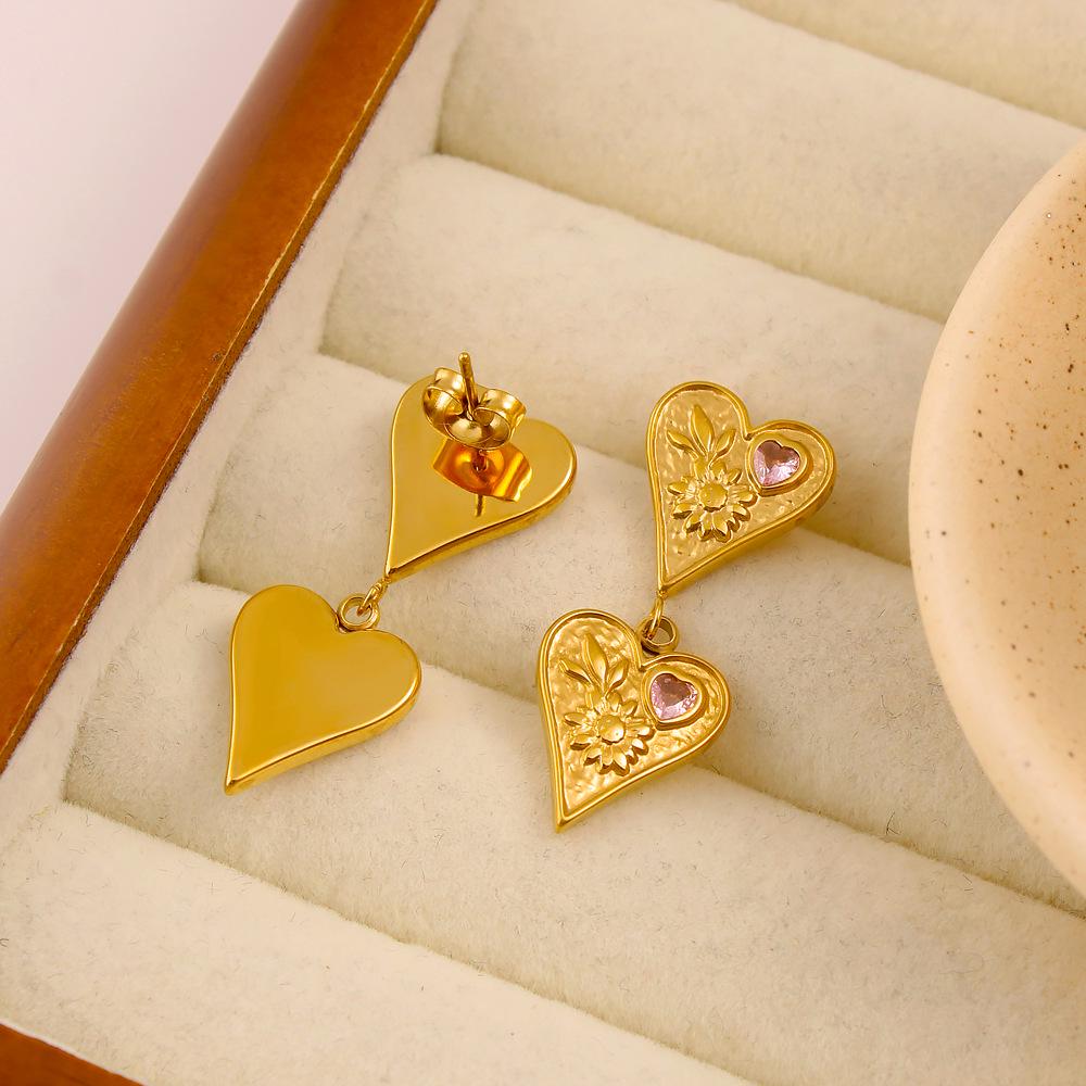 Elegant Retro Stainless Steel Heart Dangle Earrings with Pink Diamonds, 18K Gold Plated, Double Layer Design