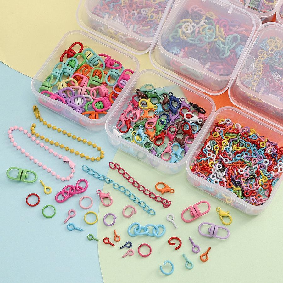 Colored DIY Jewelry Accessories Set Bead Keychain Open Jump Rings Lobster Clasp Hooks Small Screw Eye Pins for Jewelry Making