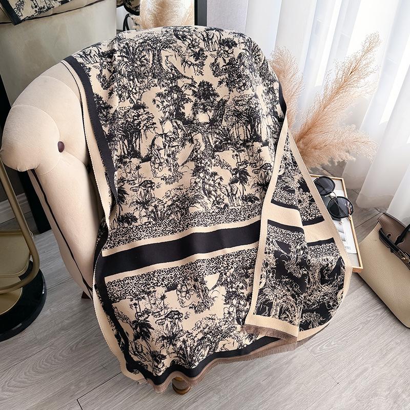 Tropical Jungle Wind Contrasting Colors Double-Sided Imitation Cashmere Scarf Winter High-End Warm Shawl
