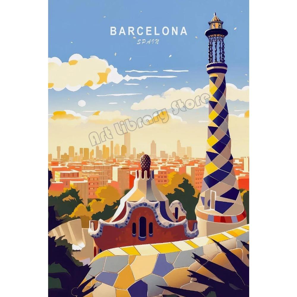 Retro Spain Cityscape Poster Nordic Style Canvas Print Coastal Architecture Art for Wall Decor