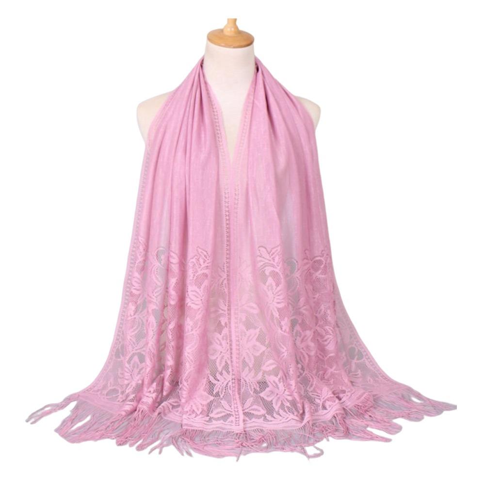 Cross-Border Solid Color Lace Scarf Cotton Blend Muga Silk Hollow Scarf Hollow Design Tassel Trim Mesh Scarf Casual Wear
