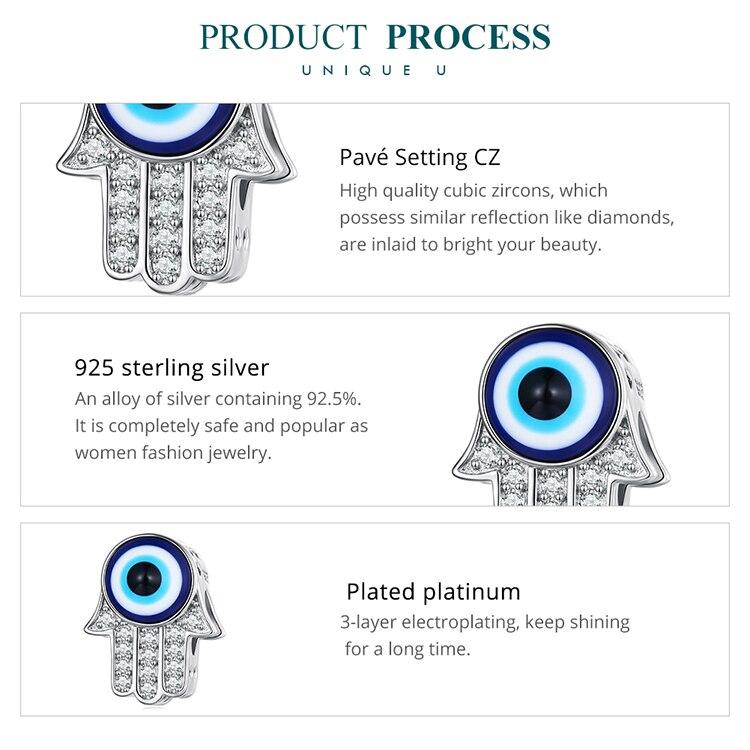 Bamoer 925 Sterling Silver Fatima's Hand Bead Devil's Eye Charms for Women Original Bracelet & Bangle Fine Jewelry