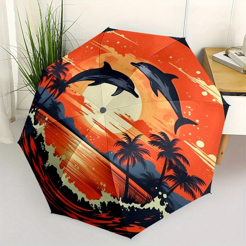 Sunset Adventure: Dolphins Leaping Over Palm Trees StickerUmbrella, Portable 3-Fold Umbrella for Men & Women,Christmas Gift ES169
