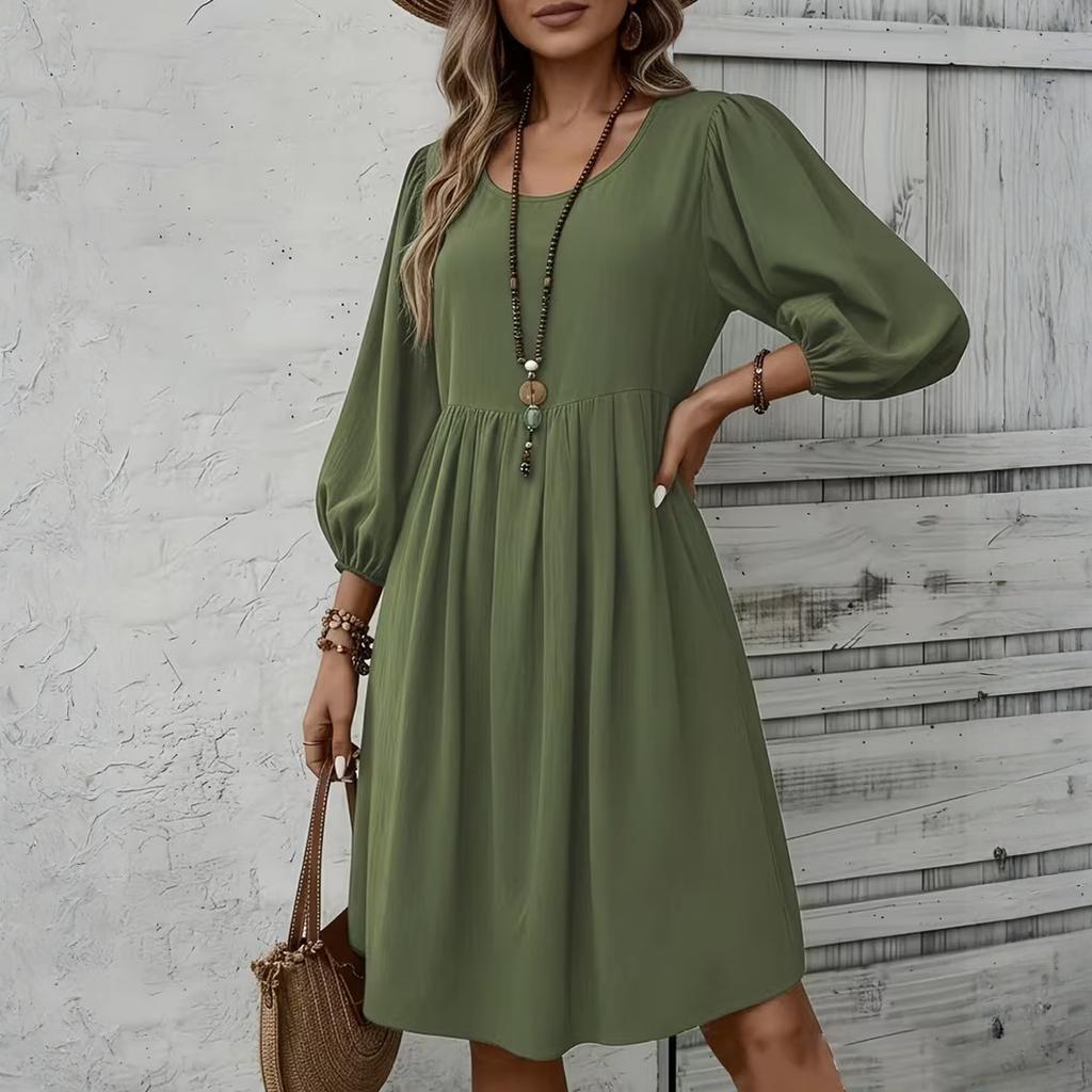 Women's Fashion Elegant Holiday Solided Color Round Neck 3/4 Sleeve Cotton Polyester Midi Dress