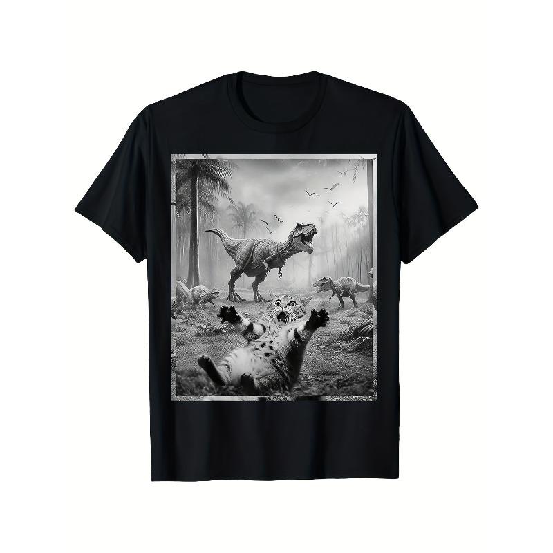 Европейские размеры Смешной Кот Селфи с Тираннозавром | Забавная Футболка с Динозавром и Котенком S чёрный