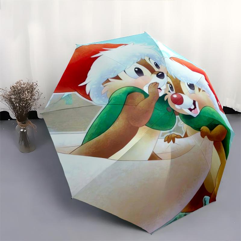 Christmas Chip 'n Dale Automatic 3-Fold Umbrella Design, Cute Cartoon Pattern, Portable Outdoor Umbrella, Perfect, Holiday Gift for Disney f