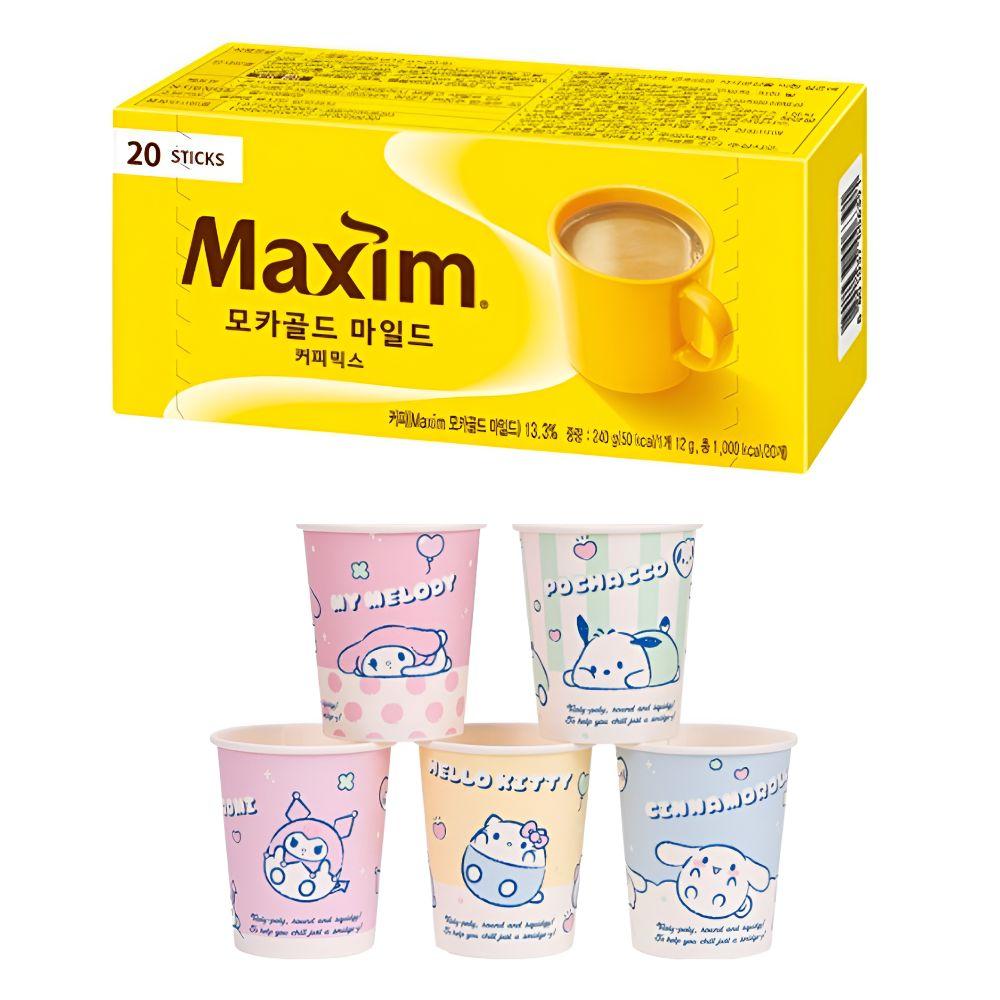Maxim Mocha Gold Mild Coffee Mix 20 Sticks + Sanrio Characters Paper Cup 20pcs Set