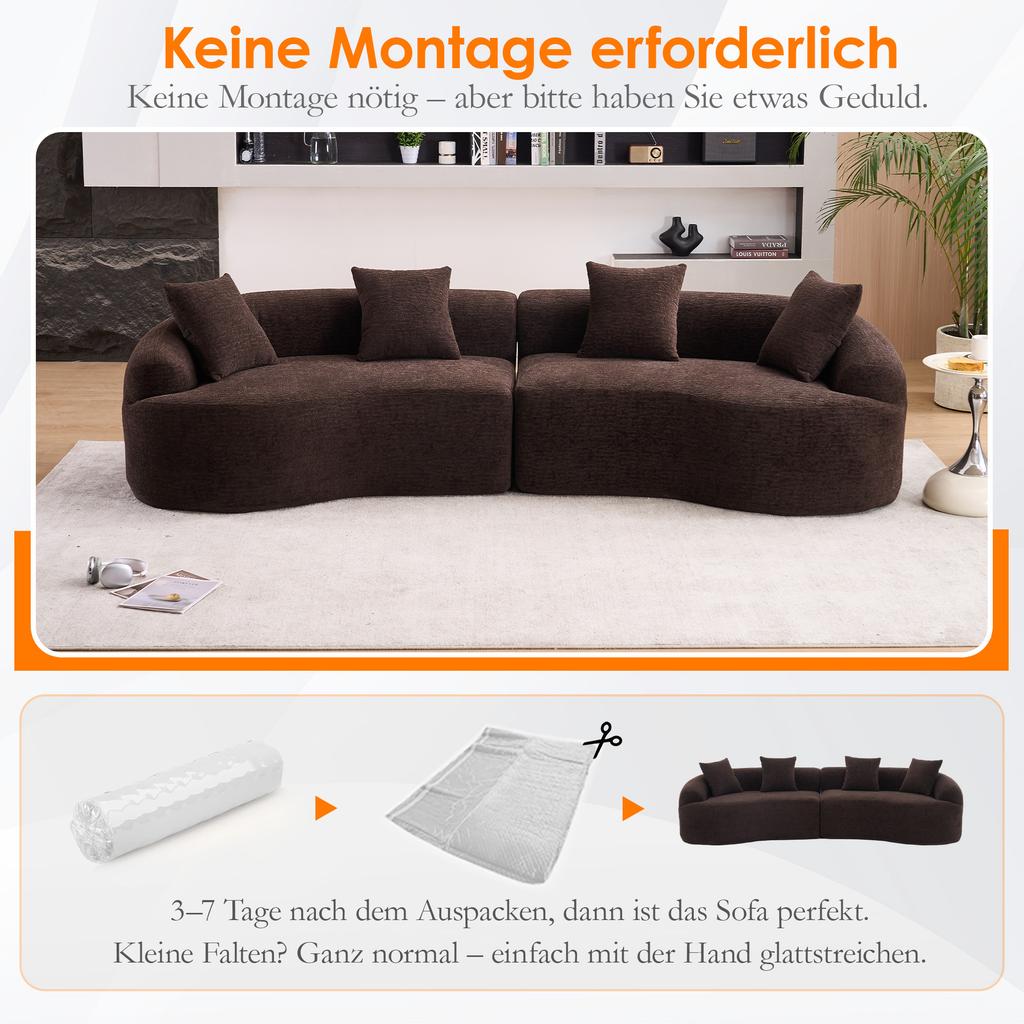 Curved Sofa 4-Seater – Modern Chenille Modular Sofa in a Box, Comfortable & Space-Saving for Living Room & Apartment, No Assembly Required – Brown
