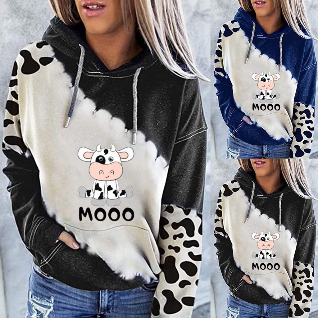 Women's Cute Cow Print Sweatshirt Long Sleeve Hooded Casual Tops Shirts