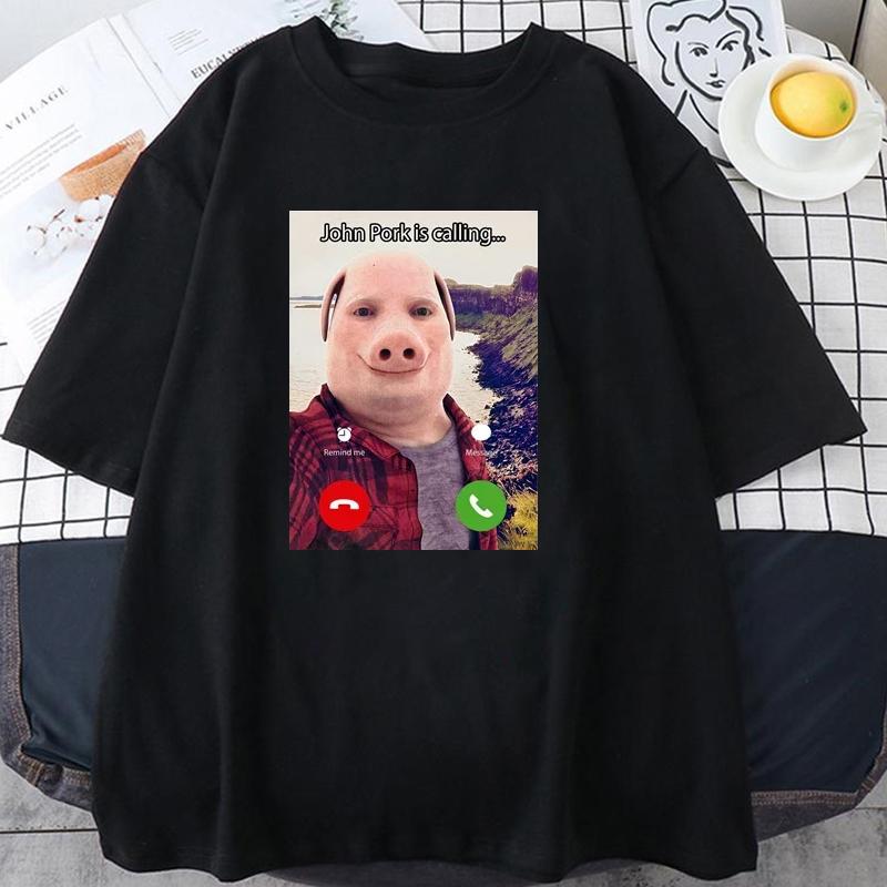 New John Pork Is Calling T Shirts Funny Graphic Tee Top Women Men Oversized Humor Pig Meme Design Clothes Streetwear