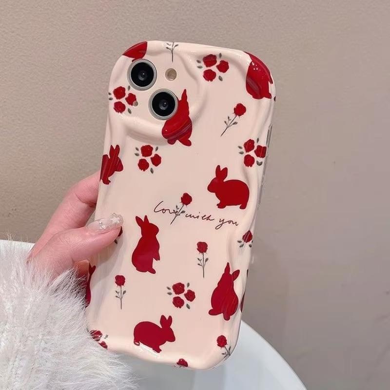 Red Flowers Rabbit Pattern Phone Case For iPhone 17 16 15 14 11 Pro Max Plus 13 12 Mini 16E 17 Air XS Max XR Bumper Clear Cover