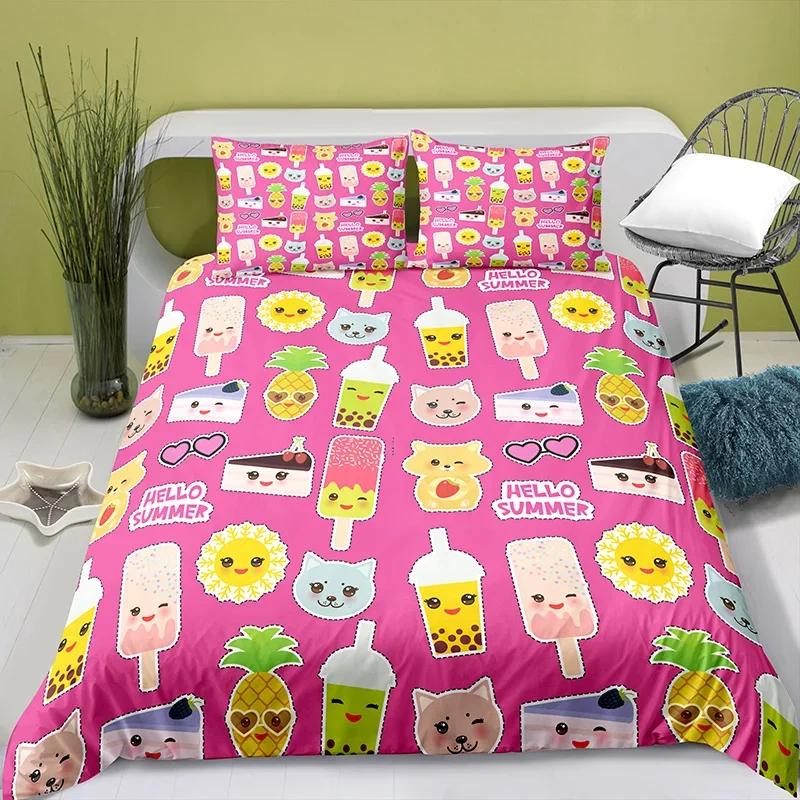 Liebevolles Cartoon-Essen Perlenmilchtee Bequeme Bettdecke Bettbezug Kissenbezug Bettwäscheset Kinderzimmerdekoration Heimtextil