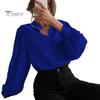 Women Shirt Stand Collar Lantern Long Sleeve Single Breasted Shirt Tops Solid Color Loose Fit Casual Shirt
