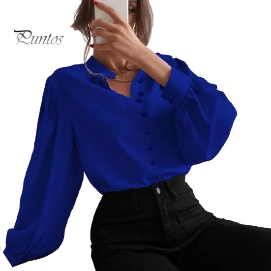 Women Shirt Stand Collar Lantern Long Sleeve Single Breasted Shirt Tops Solid Color Loose Fit Casual Shirt
