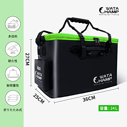 WATACHAMP Fishing Bucket, 36cm, 24L, Foldable Fishing Bucket with Clear Lid, Oxygen Pump Storage, and 2 Rod Holders, Multi-Purpose, for Rock Fishing