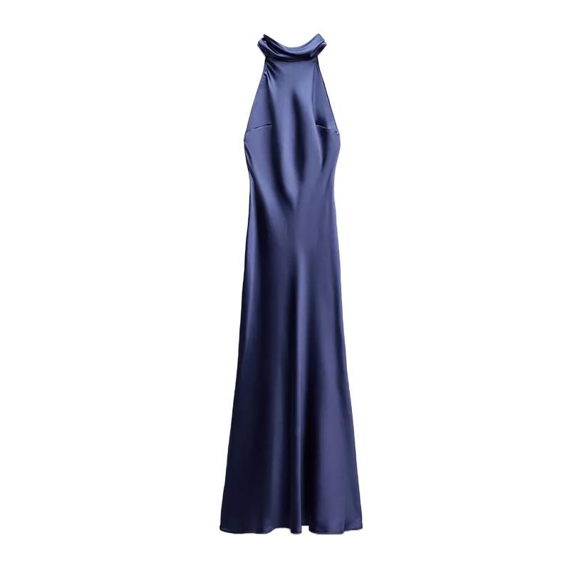 Spring New Sleeveless A- line Formal Dress Halterneck Silk Satin Texture Half Turtleneck Dress 8739331